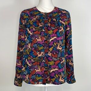Anthropologie 25 of 52 Conversations Oh Deer Woodland Animal Print Blouse. Sz 0